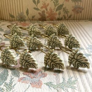 Vintage Set Of 12 Light Green Leaf Shower Curtain Hooks, Whimsy Cottage